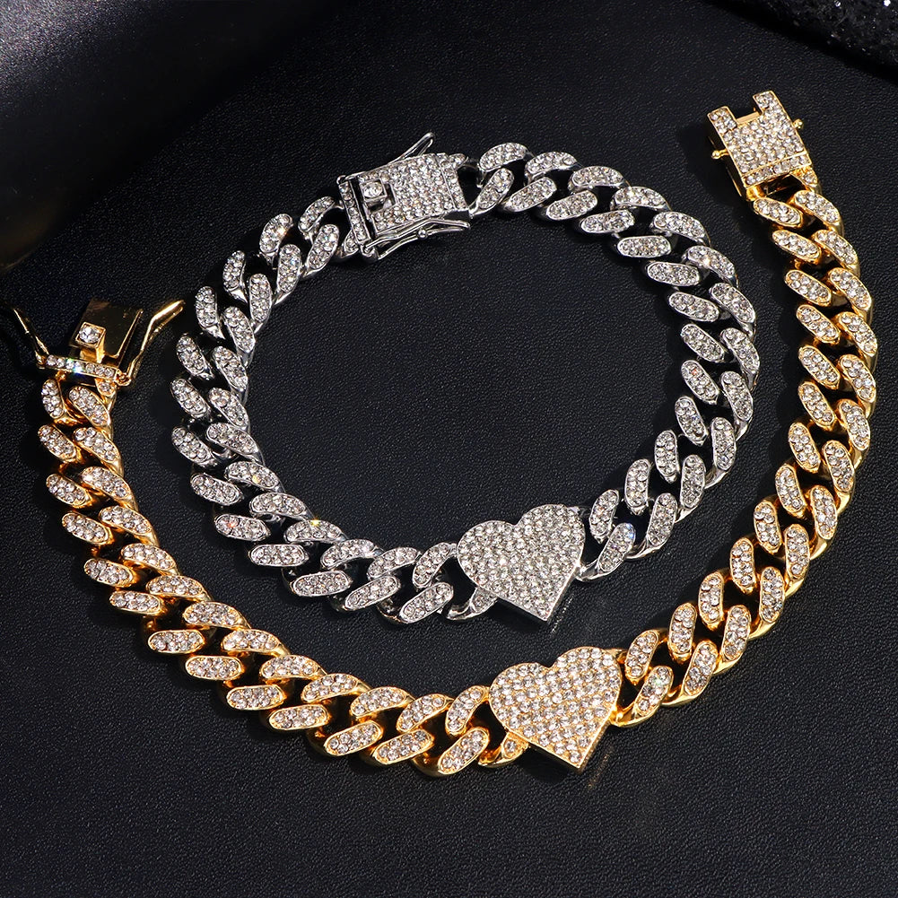 Trendy New Iced Out Heart Crystal Cuban Chain Anklets Bracelet For Women Hip Hop Paved Rhinestone Link Anklet Barefoot Jewelry
