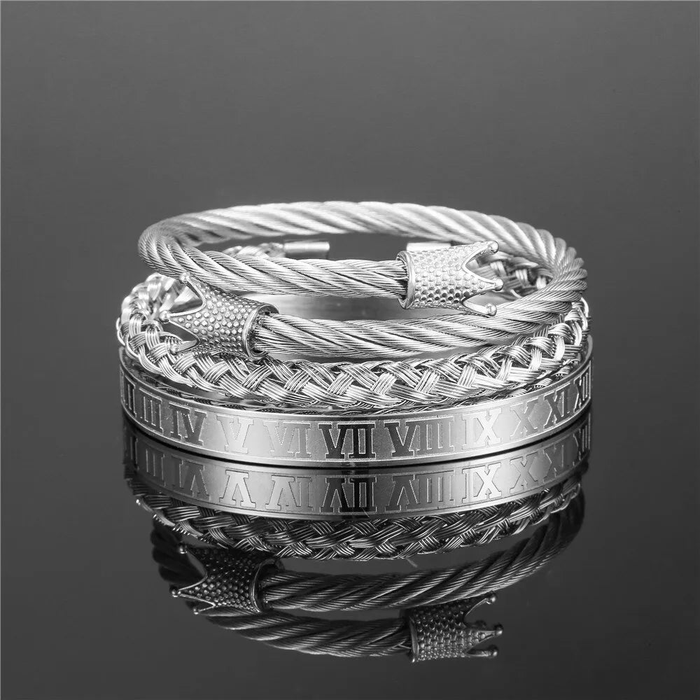 Unisex 3Pcs/Set Crown Roman Bracelet Bangle Exquiste Stainless Steel No Fade Color Couple Friendship Birthday Jewelry Gifts