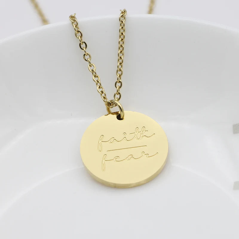 Simple Disc Pendant Necklace Stainless Steel Gold Plated Faith Over Fear Necklace Mind Over Matter Inspirational Jewelry Gift