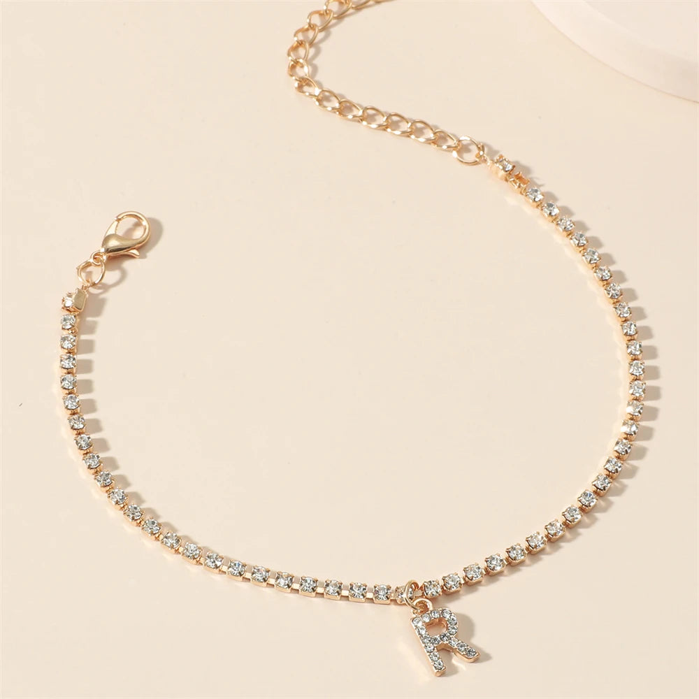 Tiny Crysta Letter Anklets For Women Alphabet Cuban Link Chain Foot Accessories Fashion Summer Beach Jewelry Gifts