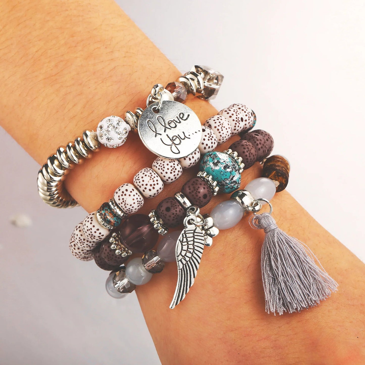 4pcs / Set New Fashion Women's Men's Bracelet Multi-layer Crystal Lava Stone Bead Wing Tassel Bracelet Beaded Bracelet Gift2021