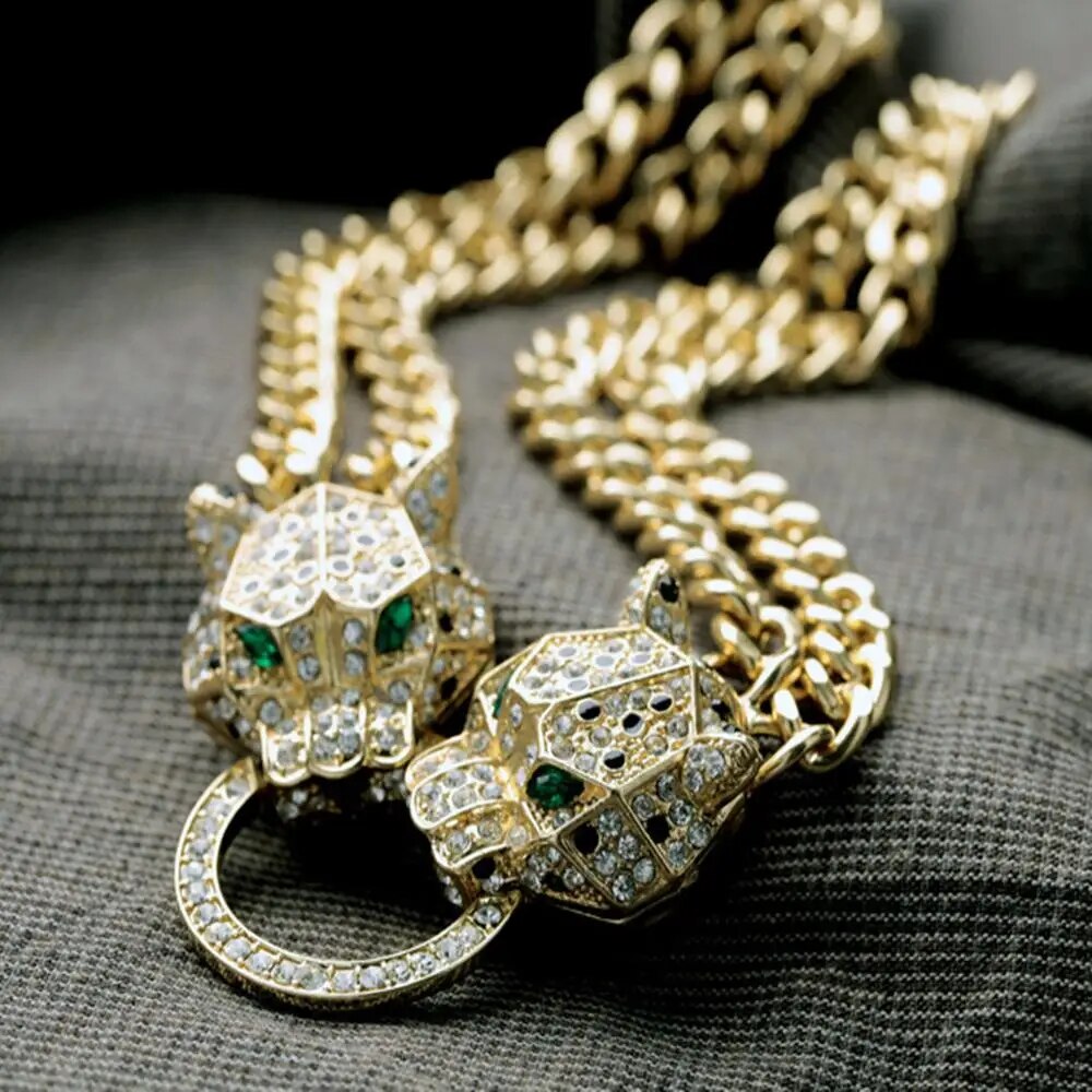 Hip Hop Full Crystal Double Leopard Head Pendant Choker Necklace With Double Cuban Chain For Men Women Fashion Panther Jewelry