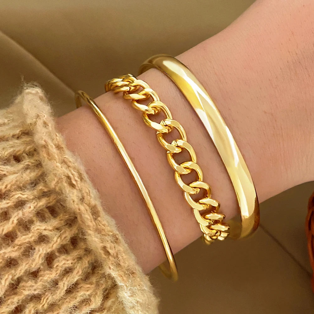 FNIO Trendy Geometric Bangle Bracelet Set For Women Gold Color Leaves Heart Arrow Open Cuff Bracelets Jewelry