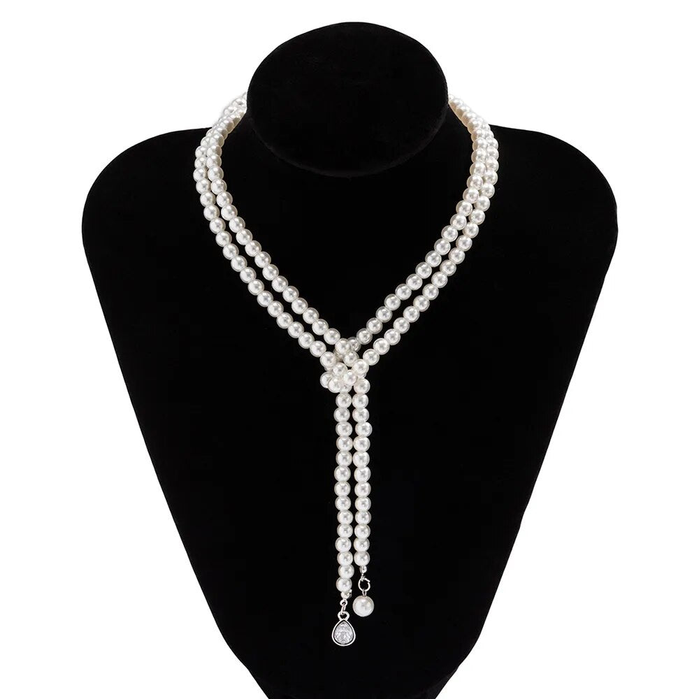 Pearl Choker Necklace with Dangling Crystal Pendant
