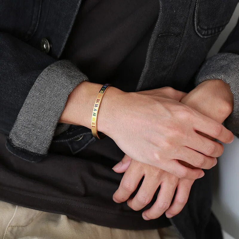 Black Rainbow Color Roman Number Cuff Bangle Unisex Pride Love Unisex Bracelets