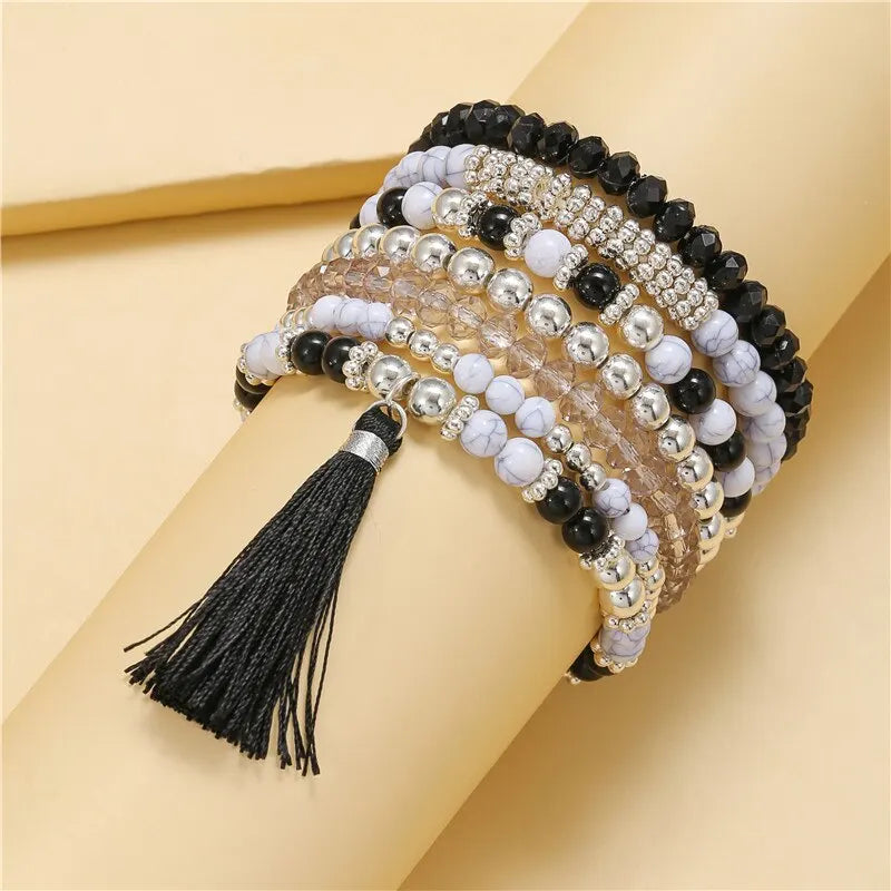 7Pcs/Set Bohemian Multi-Layer Charm Bracelets Set for Women Girls Fashion Handmade Elastic Rice Beads Tassel Emperament Jewelry