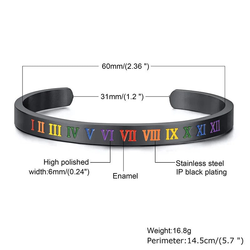 Black Rainbow Color Roman Number Cuff Bangle Unisex Pride Love Unisex Bracelets