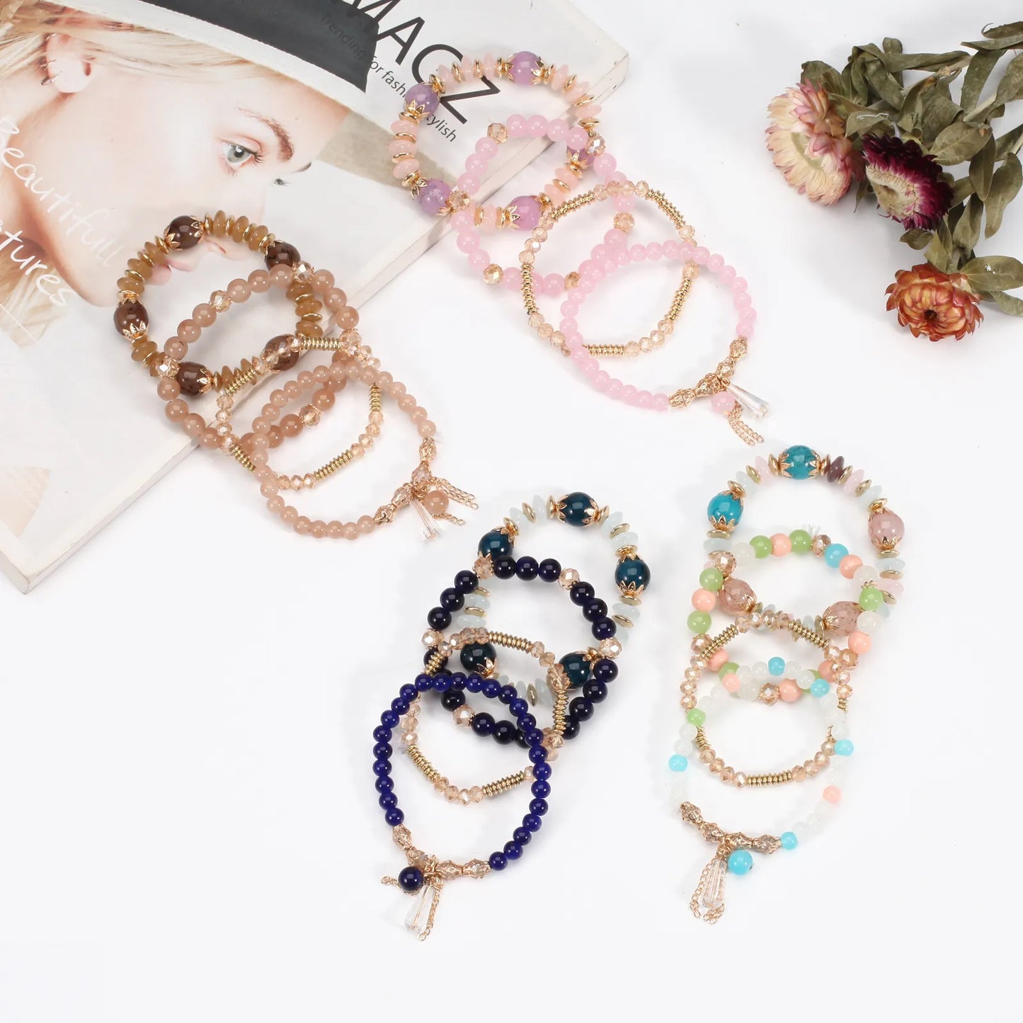 Bohemian Bracelets for Women Stretch Multilayer Colorful Beads Bracelet with Charm Jewelry