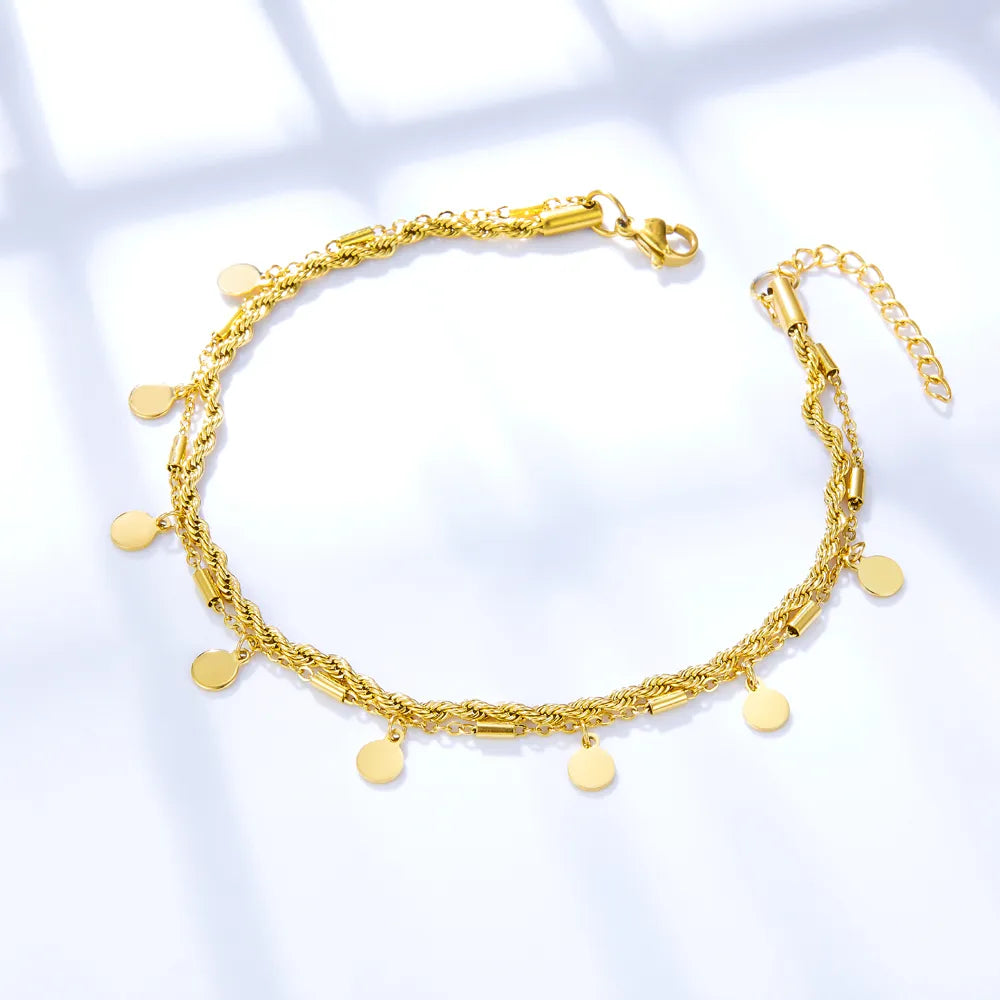 LUXUSTEEL Double Layer Coin Disc Pendant Anklets Gold Colour Stainless Steel Anti-allergic Rope Chain Leg Foot Bracelet Jewelry