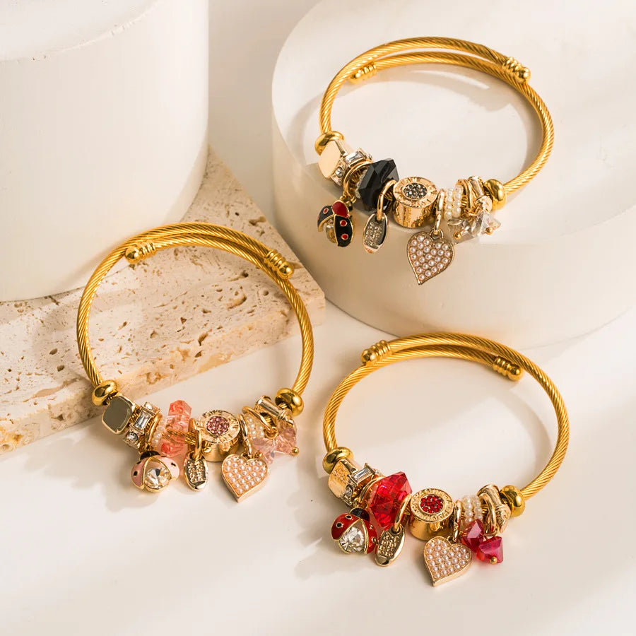 Classic Red Crystal Open Bangle Gold Color Little HEART Pendant Cuff Bracelet for Gift Jewelry