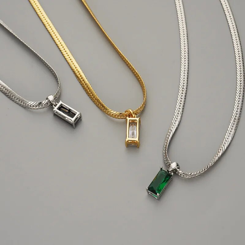 Vinagte Squares Crystal Pendant Necklace for Women Dazzling CZ Gold Color Stainless Steel Choker Snake Chain on Neck Jewelry