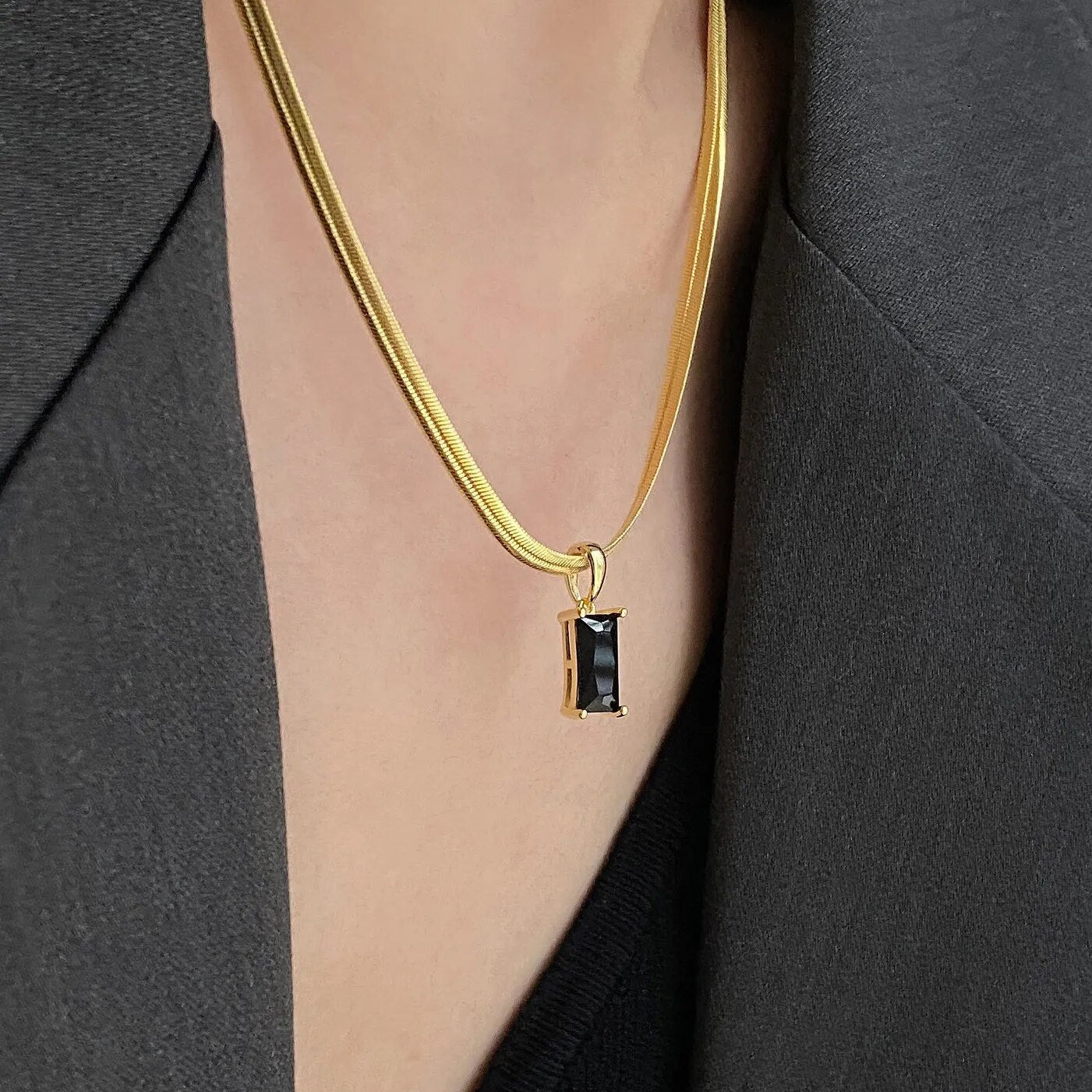 Vinagte Squares Crystal Pendant Necklace for Women Dazzling CZ Gold Color Stainless Steel Choker Snake Chain on Neck Jewelry
