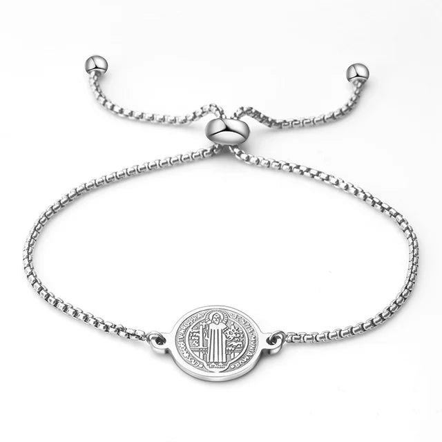 Stainless Steel St Benedict Medal Bracelet Metal San Benito Bracelet Adjustable Box Chain Bohemia Bracelet