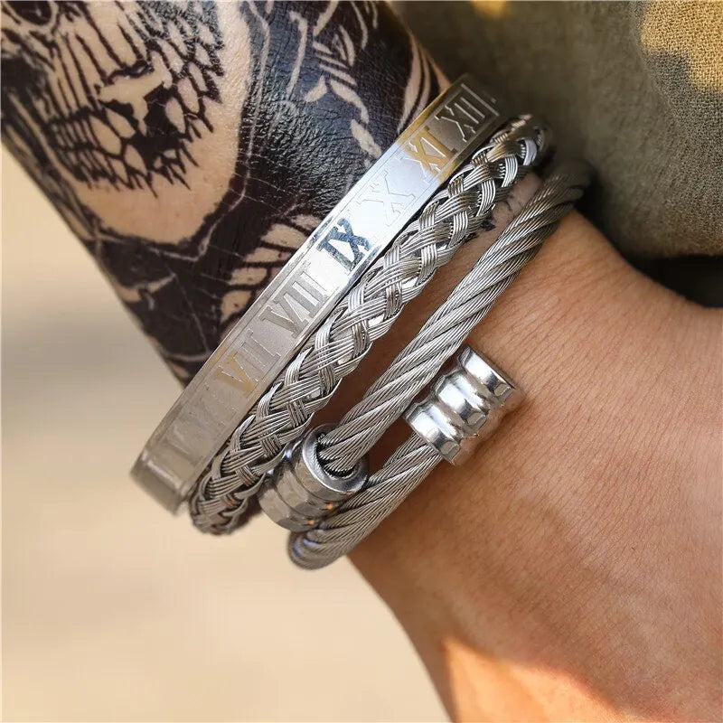 3Pcs/Set High Quality Roman Numeral Woven Cylindrical Head Bracelet Men's Personality Stainless Steel Multilayer Jewelry