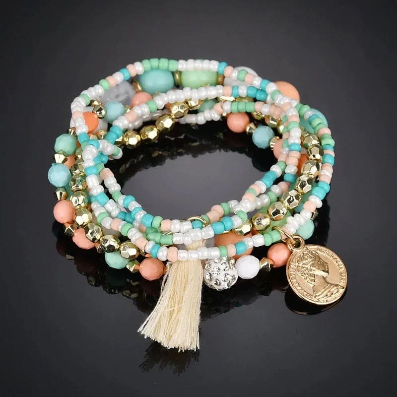 Teal and Peach Bohemian Beaded Bracelet