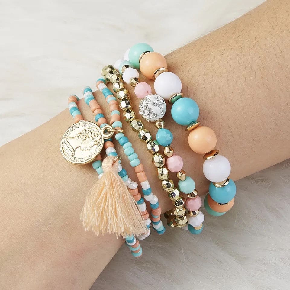 Teal and Peach Bohemian Beaded Bracelet