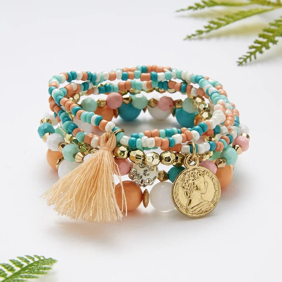 Teal and Peach Bohemian Beaded Bracelet