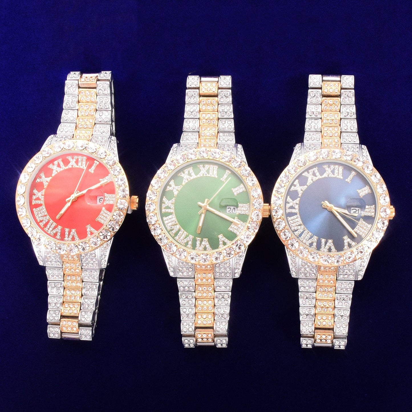 Bubble Letter Red Watch for Men Big Gold Military Quartz Rhinestone Relogio Masculino Hip Hop Jewelry