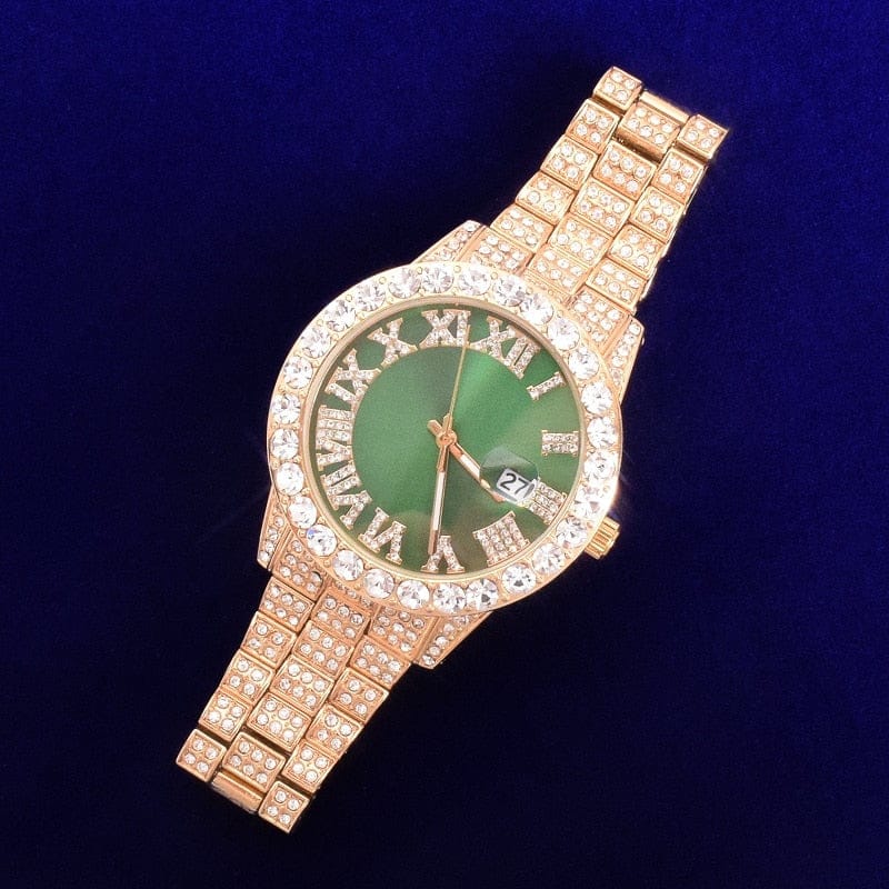 Bubble Letter Red Watch for Men Big Gold Military Quartz Rhinestone Relogio Masculino Hip Hop Jewelry