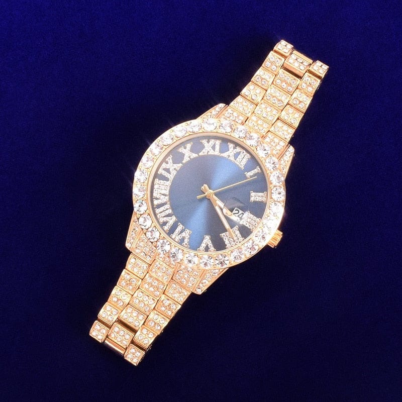 Bubble Letter Red Watch for Men Big Gold Military Quartz Rhinestone Relogio Masculino Hip Hop Jewelry