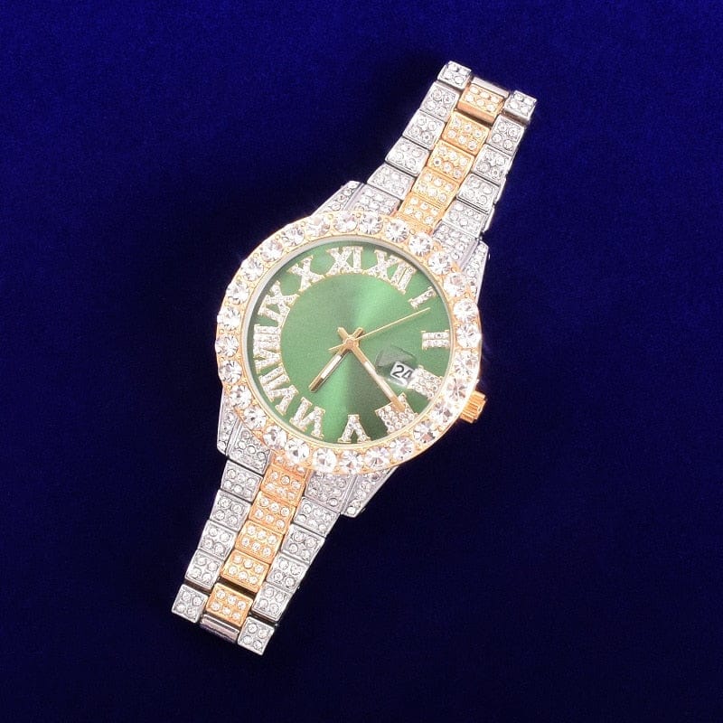 Bubble Letter Red Watch for Men Big Gold Military Quartz Rhinestone Relogio Masculino Hip Hop Jewelry