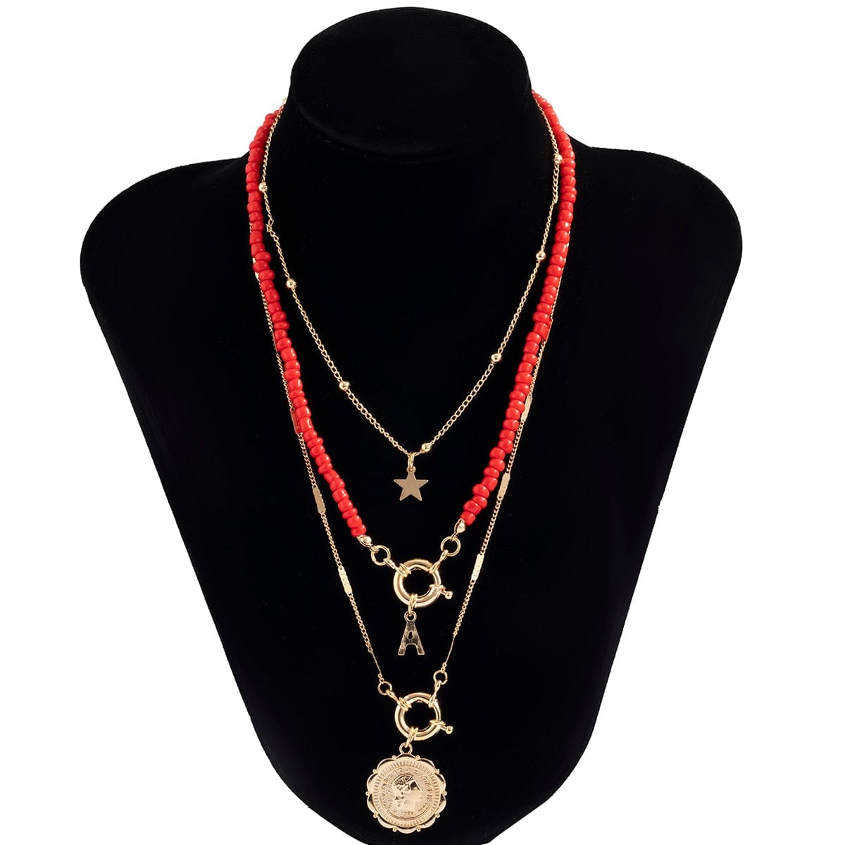 3Pcs/Set Red Co Beaded Chain Choker Necklace for Women Bohemia Letter Carved Coin Star Women's Necklace Set