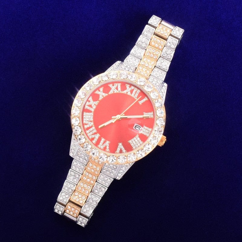 Bubble Letter Red Watch for Men Big Gold Military Quartz Rhinestone Relogio Masculino Hip Hop Jewelry