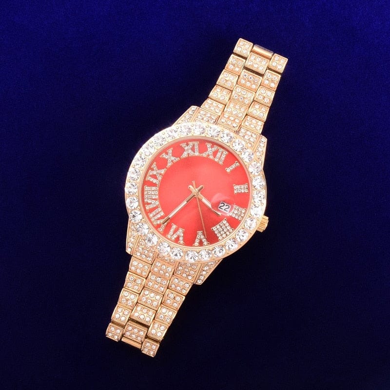 Bubble Letter Red Watch for Men Big Gold Military Quartz Rhinestone Relogio Masculino Hip Hop Jewelry