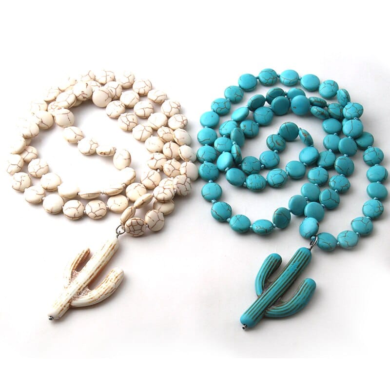 Fashion Knotted Flat Turquoise Stone Ethnic Cactus Necklace Bohemian Necklace