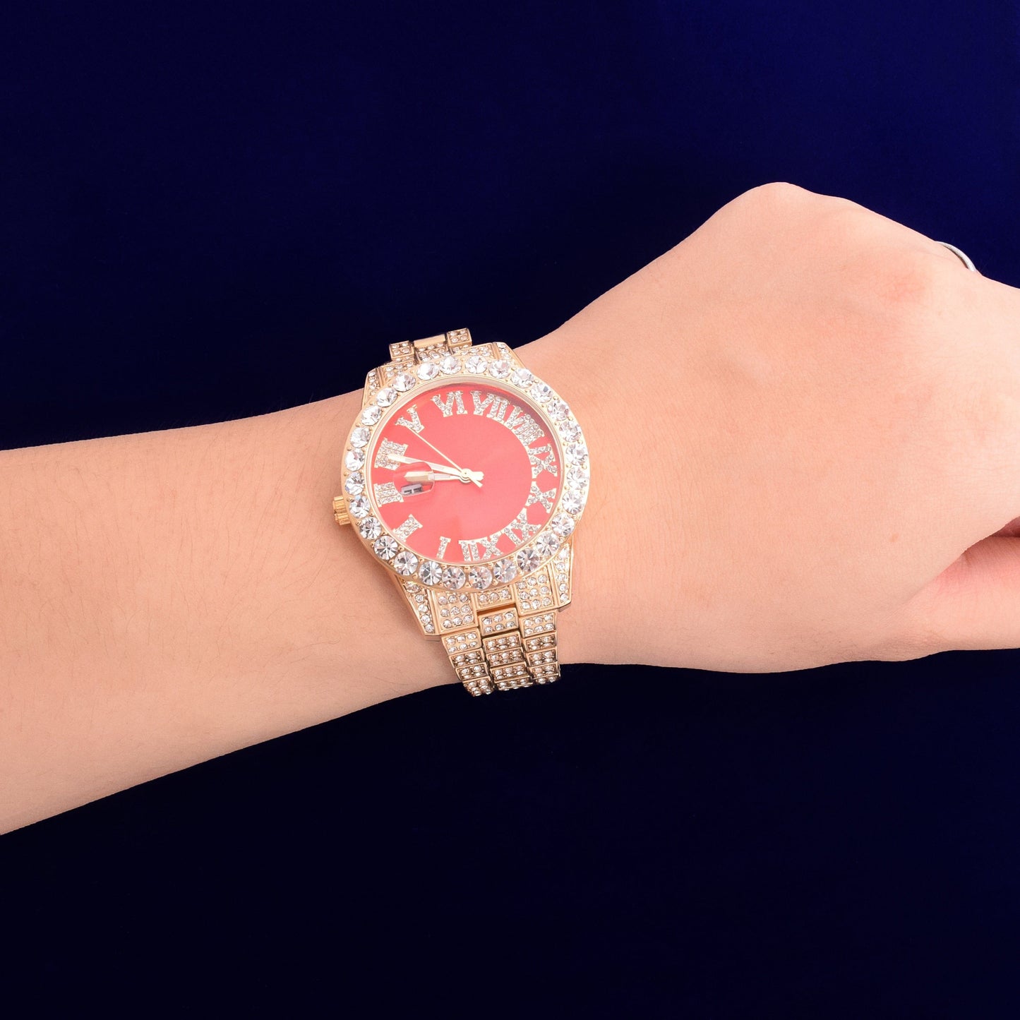 Bubble Letter Red Watch for Men Big Gold Military Quartz Rhinestone Relogio Masculino Hip Hop Jewelry