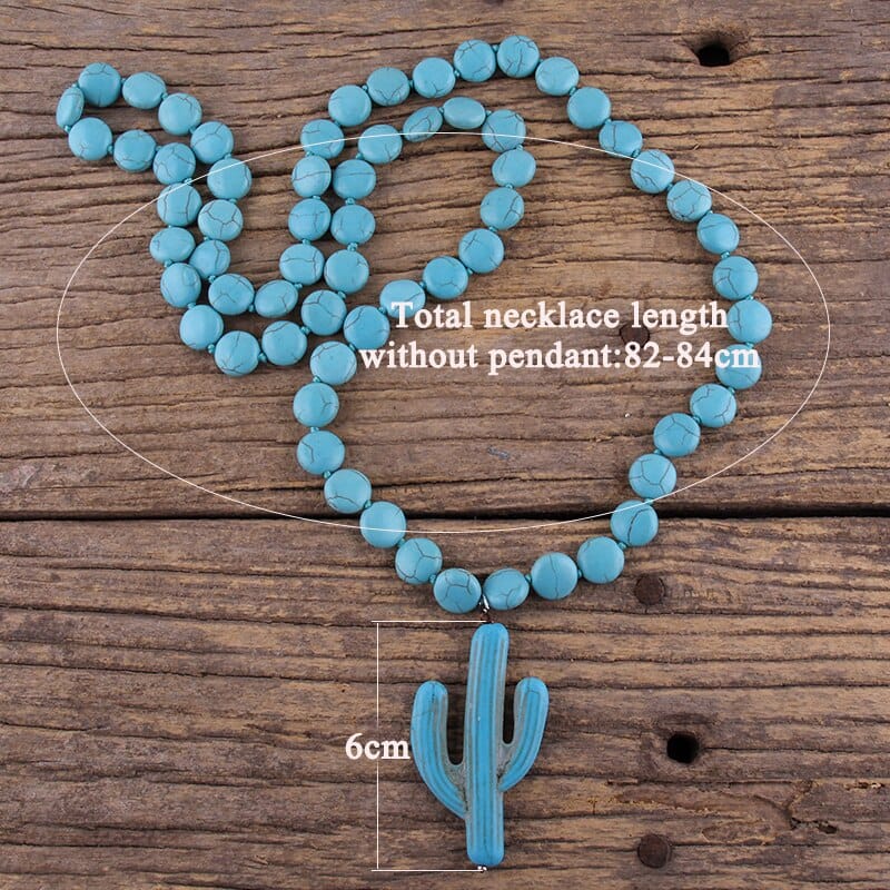 Fashion Knotted Flat Turquoise Stone Ethnic Cactus Necklace Bohemian Necklace