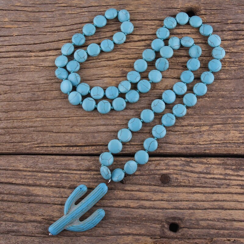 Fashion Knotted Flat Turquoise Stone Ethnic Cactus Necklace Bohemian Necklace