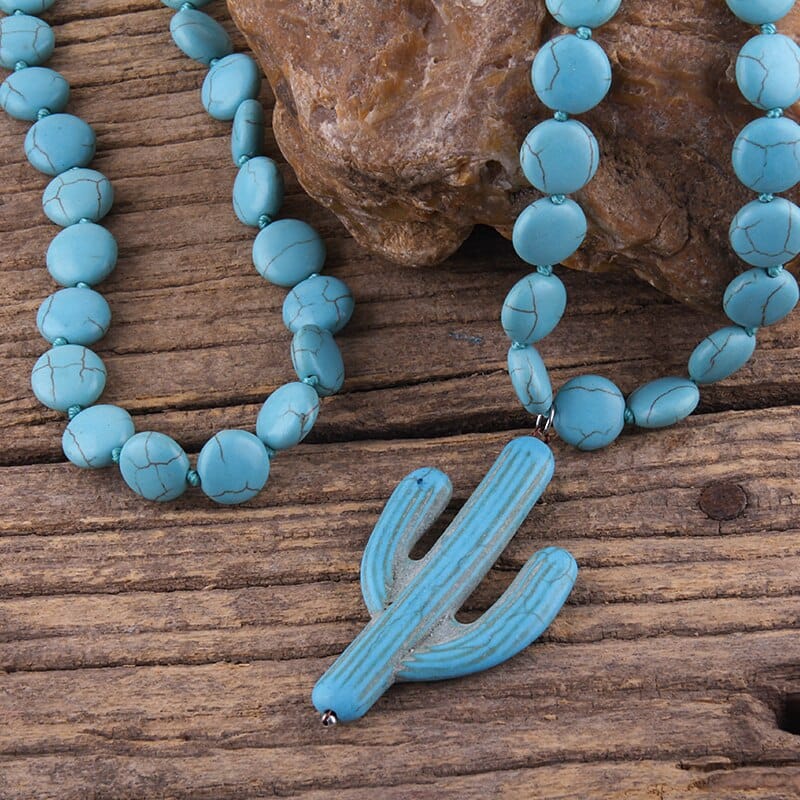 Fashion Knotted Flat Turquoise Stone Ethnic Cactus Necklace Bohemian Necklace