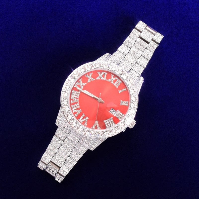 Bubble Letter Red Watch for Men Big Gold Military Quartz Rhinestone Relogio Masculino Hip Hop Jewelry