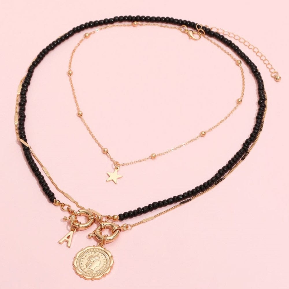 3Pcs/Set Red Co Beaded Chain Choker Necklace for Women Bohemia Letter Carved Coin Star Women's Necklace Set