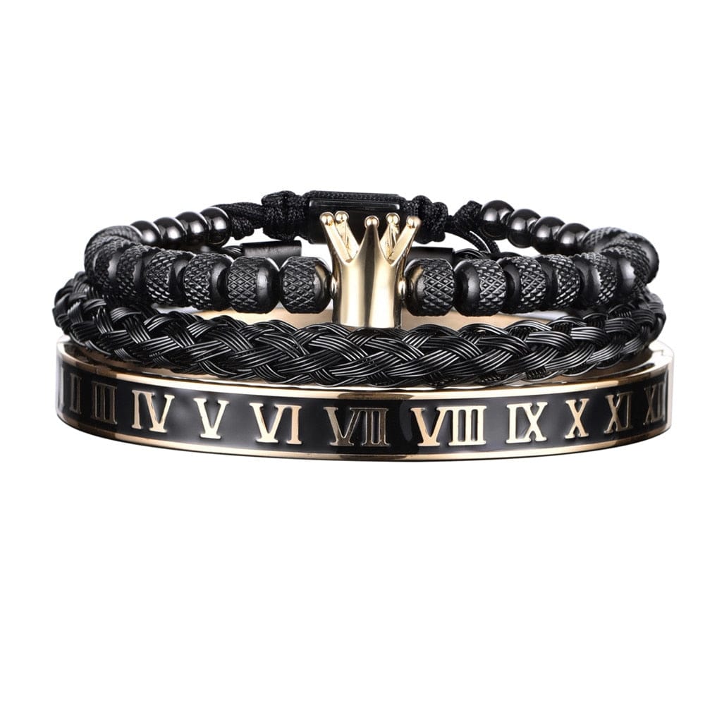 Enamel Roman Black Bracelet Royal Crown Charm Men Stainless Steel Bracelet Set