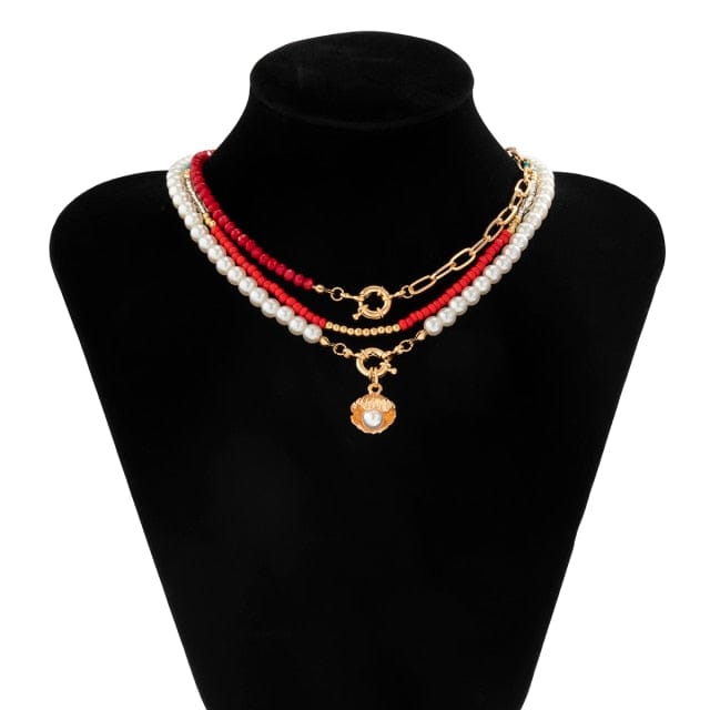3Pcs/Set Red Co Beaded Chain Choker Necklace for Women Bohemia Letter Carved Coin Star Women's Necklace Set