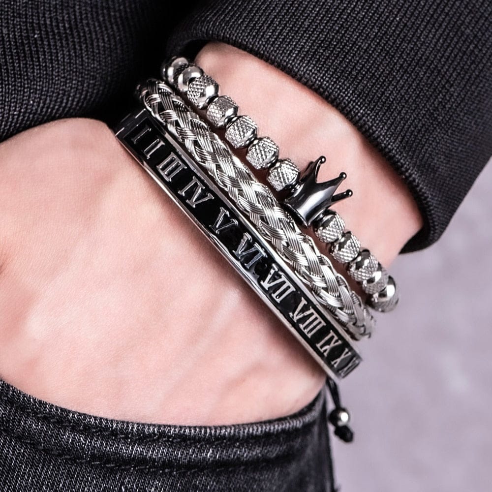 Enamel Roman Black Bracelet Royal Crown Charm Men Stainless Steel Bracelet Set