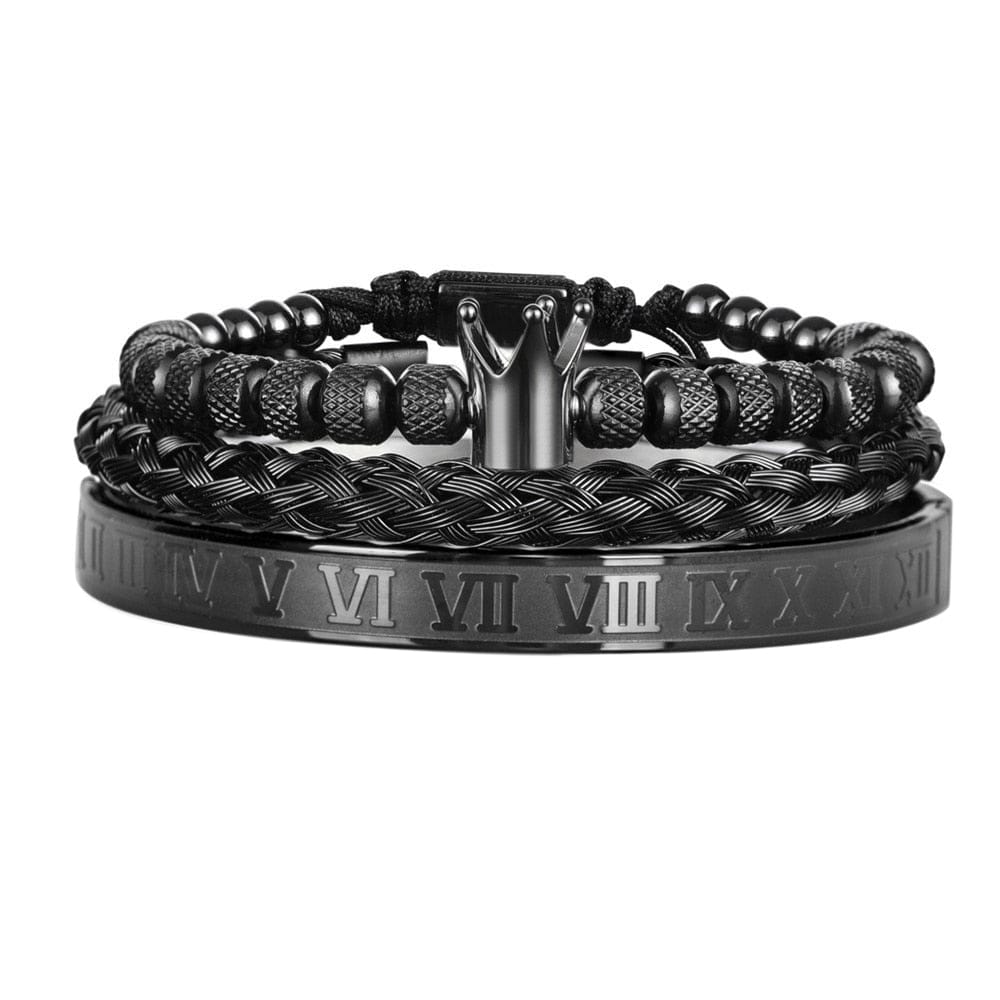 Enamel Roman Black Bracelet Royal Crown Charm Men Stainless Steel Bracelet Set