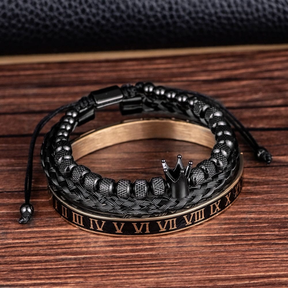 Enamel Roman Black Bracelet Royal Crown Charm Men Stainless Steel Bracelet Set