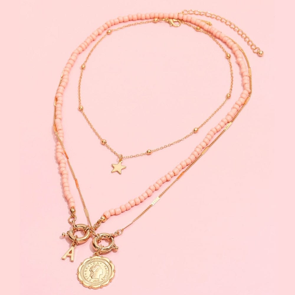 3Pcs/Set Red Co Beaded Chain Choker Necklace for Women Bohemia Letter Carved Coin Star Women's Necklace Set