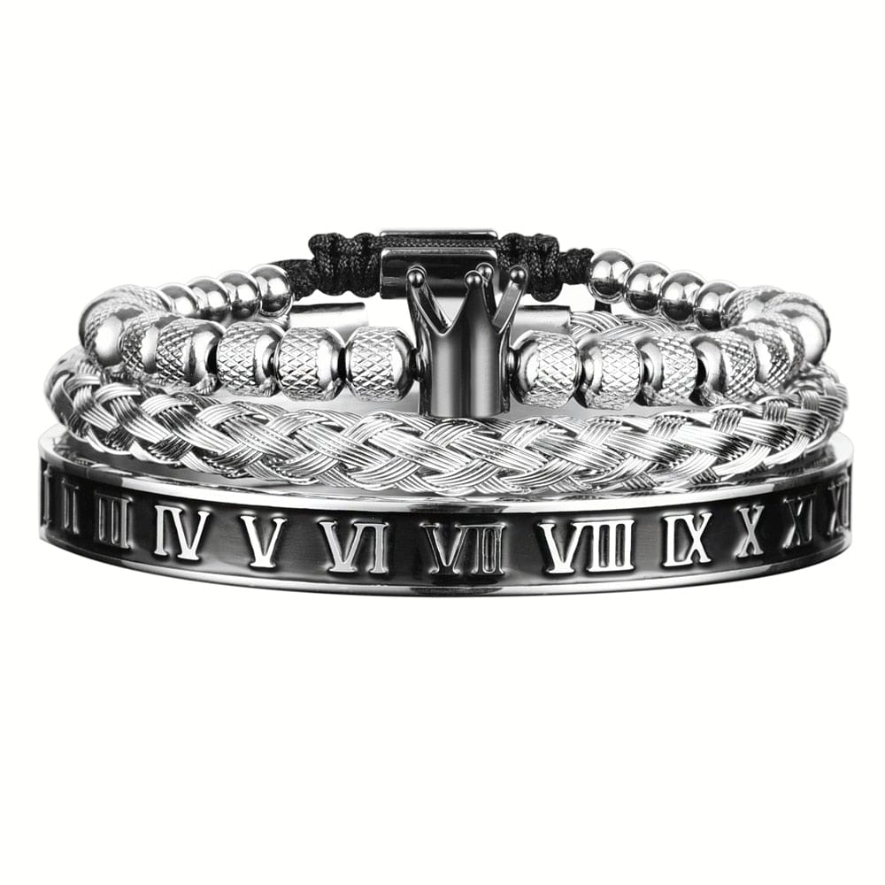 Enamel Roman Black Bracelet Royal Crown Charm Men Stainless Steel Bracelet Set