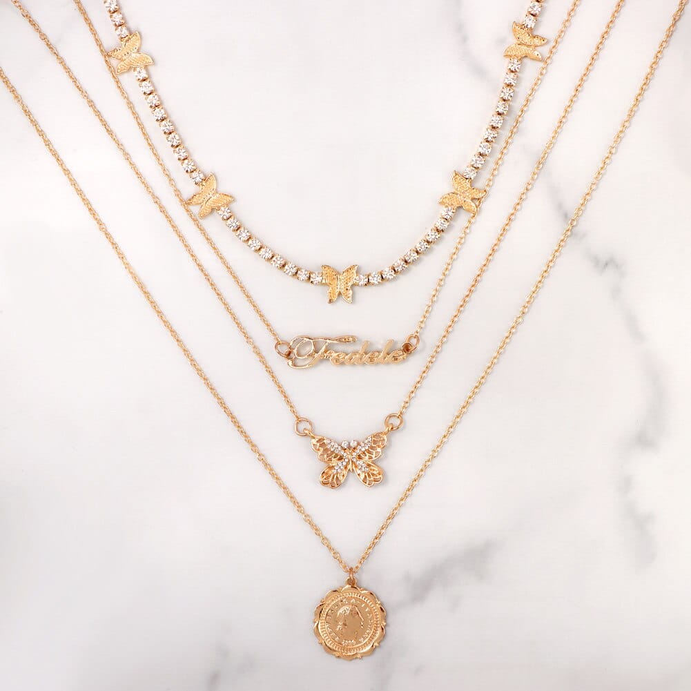 Gold Vintage  Bohemian  Coin Layered Women's  Necklace Butterfly Pendant Necklace