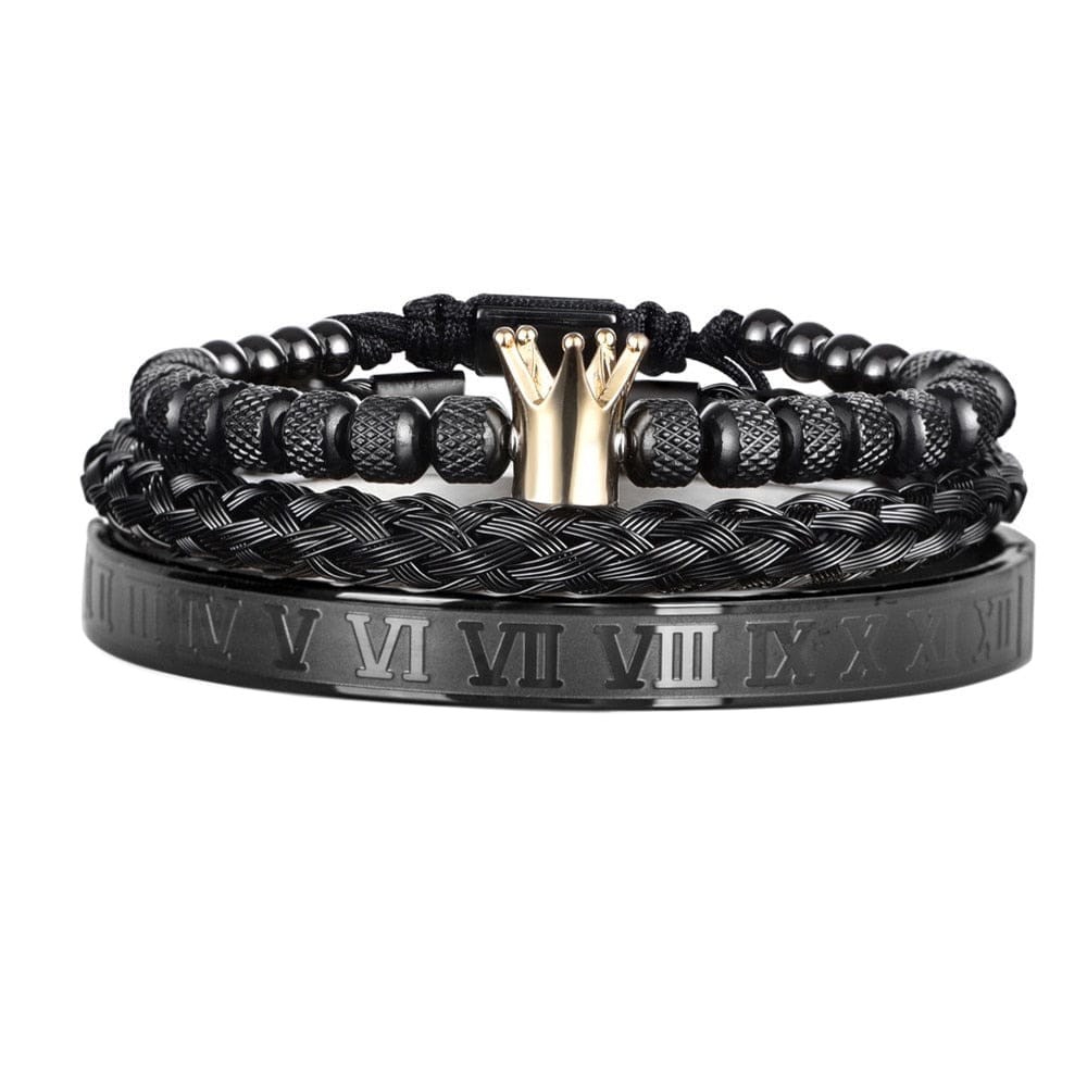 Enamel Roman Black Bracelet Royal Crown Charm Men Stainless Steel Bracelet Set