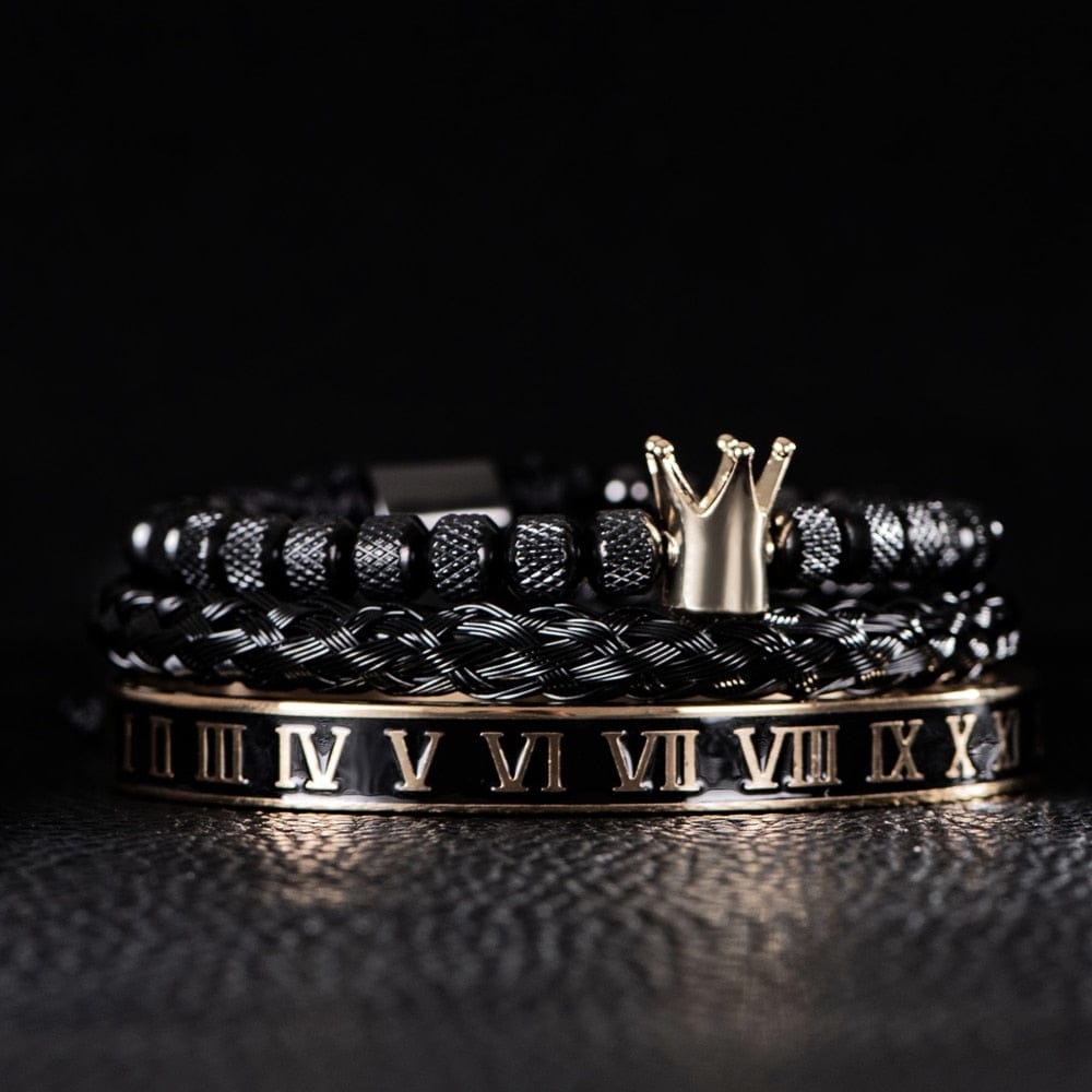 Enamel Roman Black Bracelet Royal Crown Charm Men Stainless Steel Bracelet Set