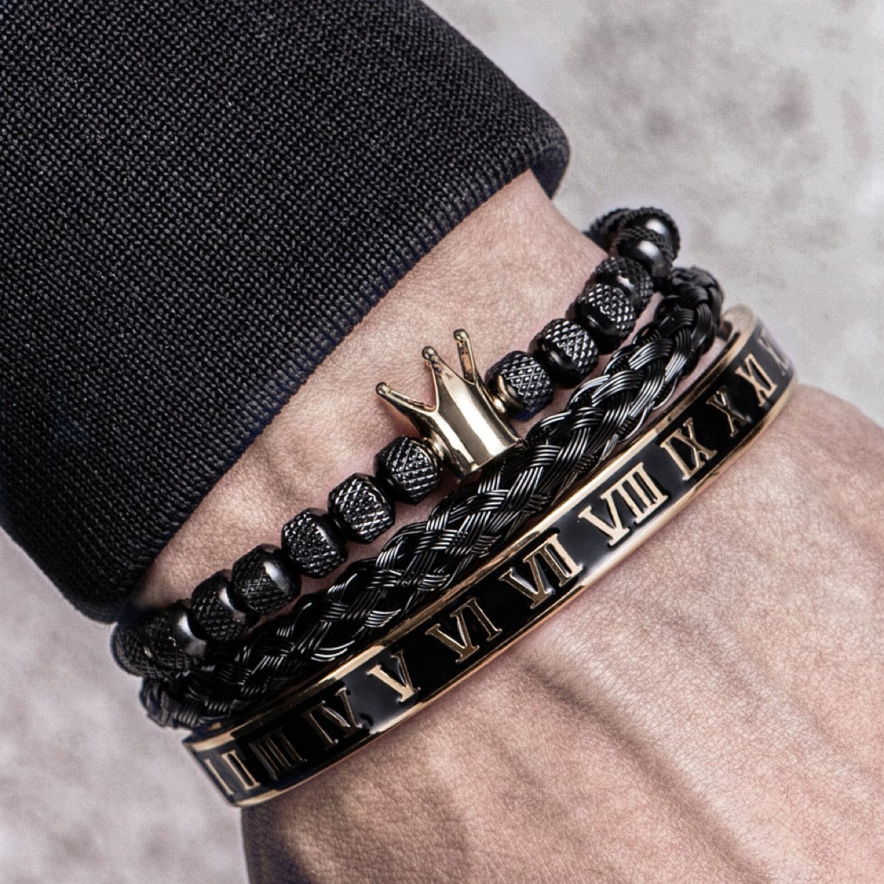 Enamel Roman Black Bracelet Royal Crown Charm Men Stainless Steel Bracelet Set