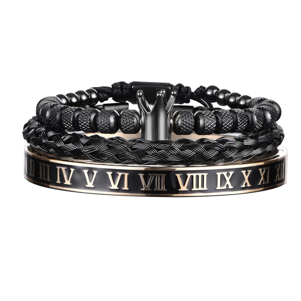 Enamel Roman Black Bracelet Royal Crown Charm Men Stainless Steel Bracelet Set