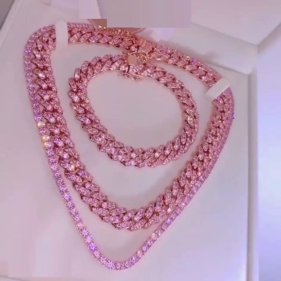Pretty In Pink Iced OutCuban Link Necklace with Bracelet Set