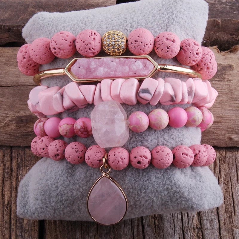 Lava Stone PInk Beaded Bracelet
