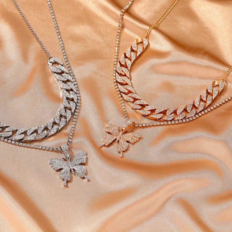 Rhinestone Doubled Layered Butterfly Necklace